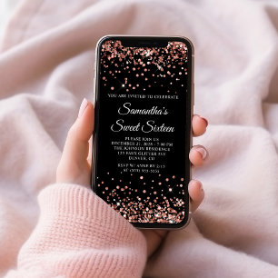 Invitación Rosa Purpurina de oro Negro Dulce Dieciséis