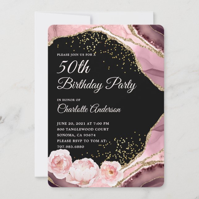 Invitación Rosa Purpurina de Oro Negro y Floral 50 cumpleaños (Anverso)