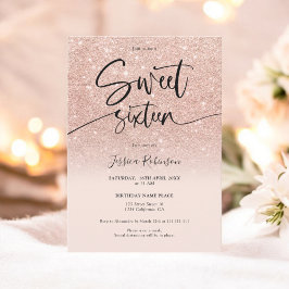 Invitación Rosa purpurina de oro oscuro rosa oscuro dulce 16