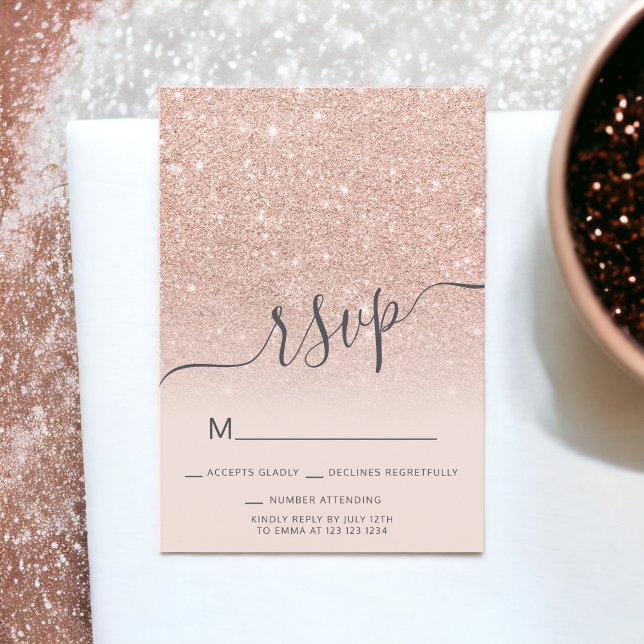 Invitación Rosa purpurina de oro oscuro RSVP rosa oscuro Dulc (Rose gold glitter ombre RSVP blush pink Sweet 16 Invitation)