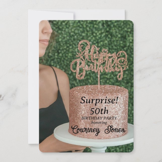 Invitación Rosa Purpurina de oro Pastel de cumpleaños 50 cump (Anverso)