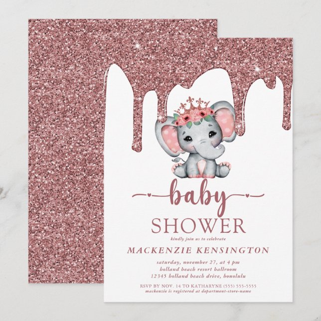 Invitación Rosa Purpurina de oro perfora Baby Shower elefante (Anverso / Reverso)