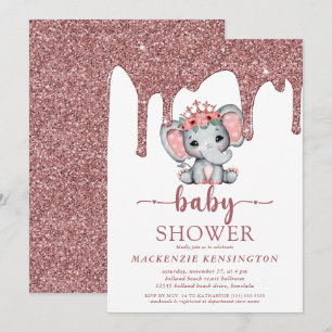 Invitación Rosa Purpurina de oro perfora Baby Shower elefante