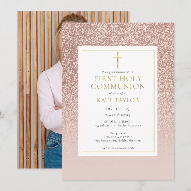 Invitación Rosa Purpurina de Oro Primero Fotografía de Comuni (Anverso / Reverso)