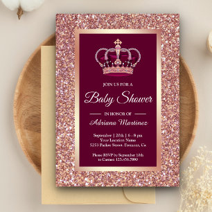 Invitación Rosa Purpurina de oro Princesa corona Baby Shower