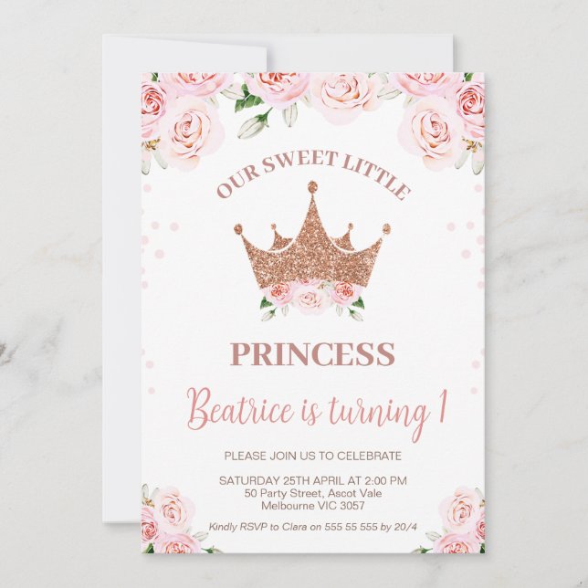 Invitación Rosa Purpurina de Oro Princesa Corona primer cumpl (Anverso)