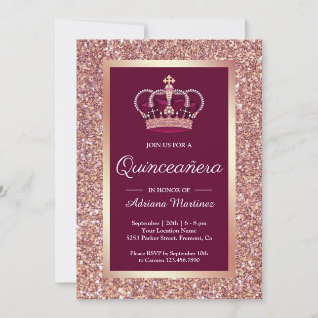 Invitación Rosa Purpurina de oro Princesa Corona Rosa Quincea (Anverso)