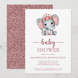 Invitación Rosa Purpurina de oro Princesa Elefante Niña