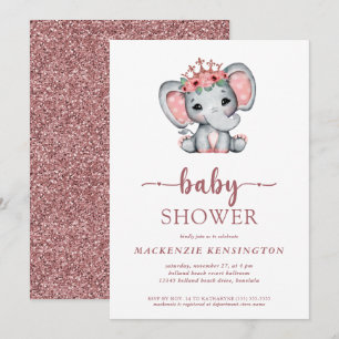 Invitación Rosa Purpurina de oro Princesa Elefante Niña