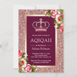 Invitación Rosa Purpurina de oro Princesa Floral Rosa Aqiqah
