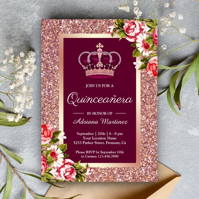 Invitación Rosa Purpurina de oro Princesa Floral Rosa Quincea (Subido por el creador)