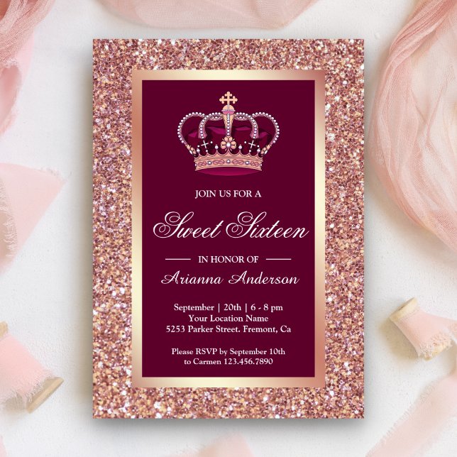 Invitación Rosa Purpurina de oro Princesa Rosa Dulce Dieciséi (Subido por el creador)