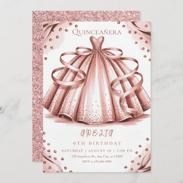 Invitación Rosa Purpurina de Oro Quinceañera (Anverso / Reverso)