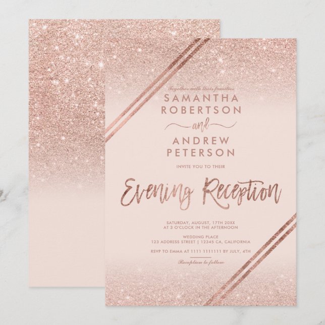 Invitación Rosa purpurina de oro rayas boda rosa rubor (Anverso / Reverso)