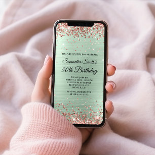 Invitación Rosa Purpurina de Oro Relieve metalizado de menta 