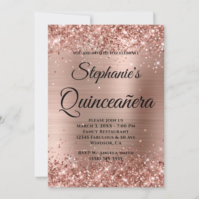 Invitación Rosa Purpurina de oro Relieve metalizado Fancy Mon (Anverso)
