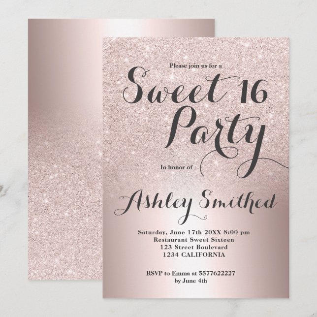 Invitación Rosa purpurina de oro Relieve metalizado metálico  (Anverso / Reverso)