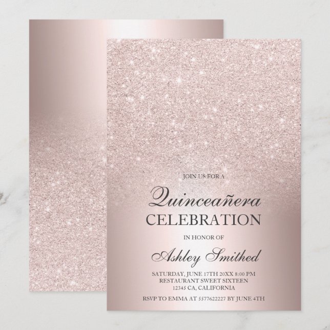 Invitación Rosa purpurina de oro Relieve metalizado metálico  (Anverso / Reverso)