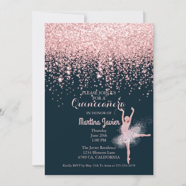 Invitación Rosa Purpurina de Oro Rosa Quinceañera 15º cumplea (Anverso)
