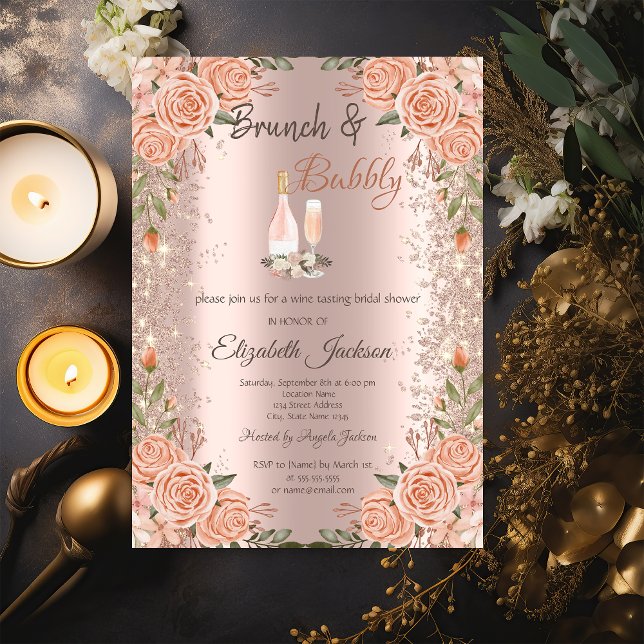 Invitación Rosa Purpurina de oro Rosas de brunch de polvo duc (Subido por el creador)