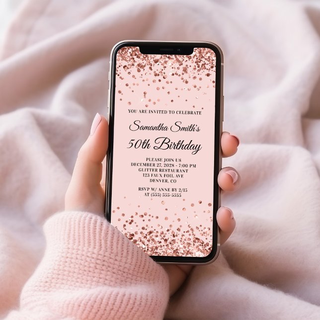 Invitación Rosa Purpurina de Oro Rubor 50 cumpleaños (Rose Gold Glitter Blush 50th Birthday Invitation)