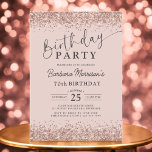 Invitación Rosa Purpurina de oro Rubor 70th Any Age Birthday<br><div class="desc">Celebra un glamoroso cumpleaños 70 con este Rosa Purpurina de Oro Rubor ¡Cualquier invitación de cumpleaños de edad! Diseñada con un suave fondo de color negro y acentos falsos rosas de purpurina de oro, esta invitación añade un toque de elegancia y brillo a cualquier evento de hitos. Totalmente editable, usted...</div>