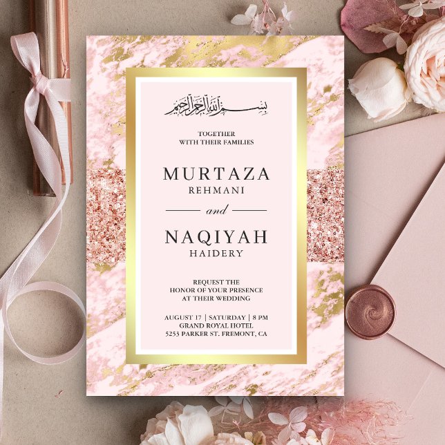 Invitación Rosa Purpurina de oro Rubor Boda musulmana de márm (Subido por el creador)