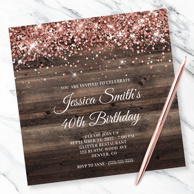 Invitación Rosa Purpurina de Oro Rustic Wood 40 cumpleaños (Subido por el creador)