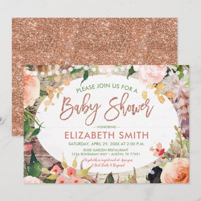 Invitación Rosa Purpurina de oro Sage Floral Bohemian Baby Sh (Anverso / Reverso)