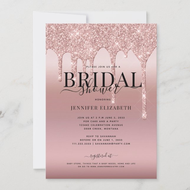 Invitación Rosa Purpurina de oro Script Bridal (Anverso)