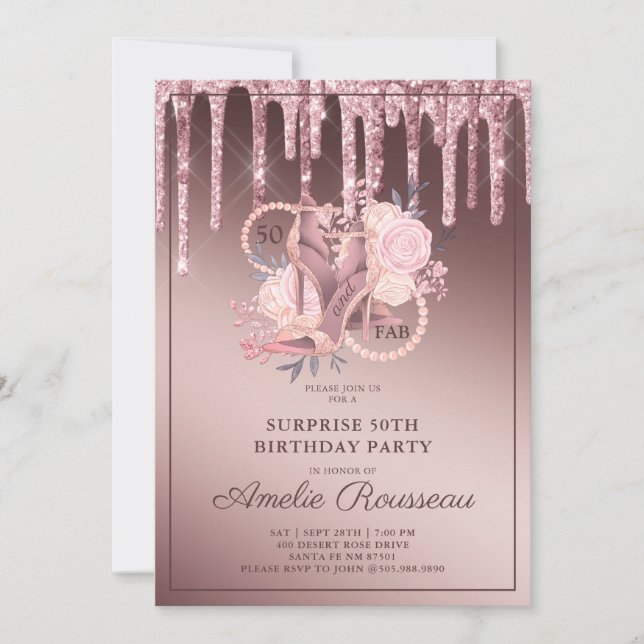 Invitación Rosa Purpurina de oro se lleva 50 años (Anverso)