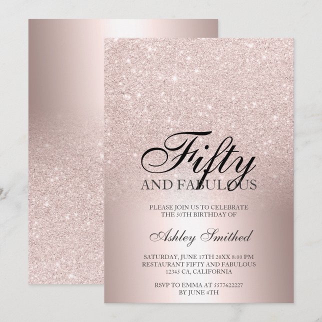 Invitación Rosa purpurina de oro sombrío metálico cincuenta f (Anverso / Reverso)