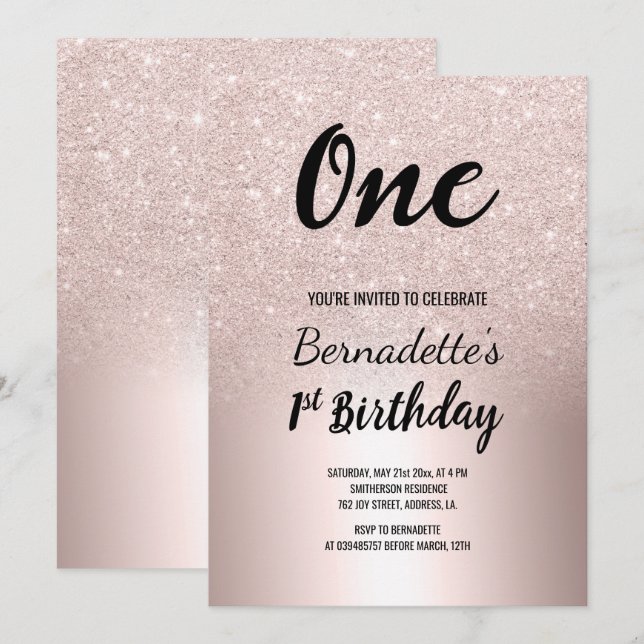 Invitación Rosa purpurina de oro sombrío metálico primer cump (Anverso / Reverso)