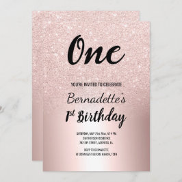 Invitación Rosa purpurina de oro sombrío metálico primer cump