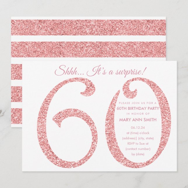 Invitación Rosa Purpurina de Oro Sorpresa 60 cumpleaños (Anverso / Reverso)