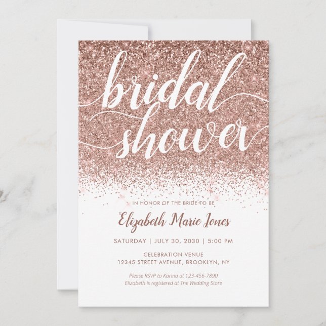 Invitación Rosa Purpurina de oro Sparkle Script Bridal Shower (Anverso)