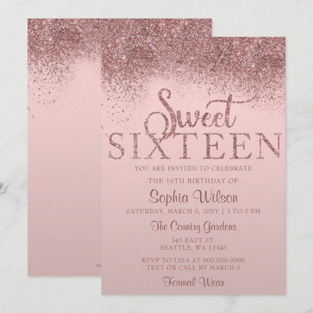 Invitación Rosa Purpurina de oro Sparkle Sweet 16 Cumpleaños (Anverso / Reverso)