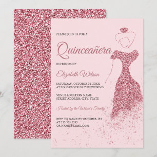 Invitación Rosa Purpurina de oro Sparkle Vestido Quinceanera