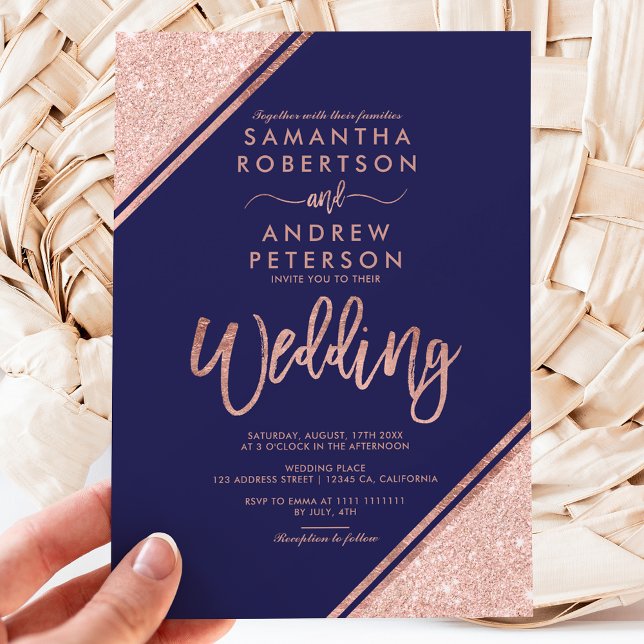 Invitación Rosa purpurina de oro stripes script boda azul mar (Subido por el creador)