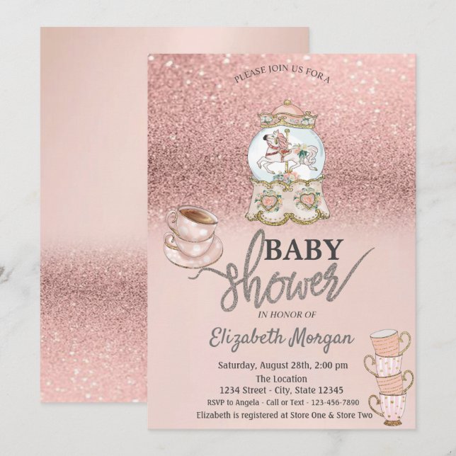 Invitación Rosa Purpurina de oro Tea Fiesta Baby Shower (Anverso / Reverso)