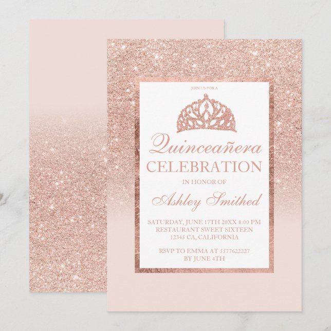 Invitación Rosa purpurina de oro tiara elegante moda Quinceañ (Anverso / Reverso)