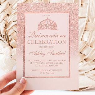 Invitación Rosa purpurina de oro tiara moda elegante Quinceañ