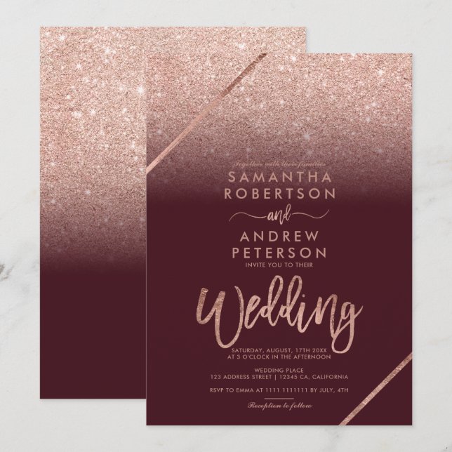 Invitación Rosa purpurina de oro tipografía burdeos boda (Anverso / Reverso)