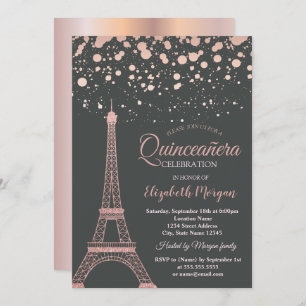Invitación Rosa Purpurina de oro Torre Eiffel, Dots Quinceañe