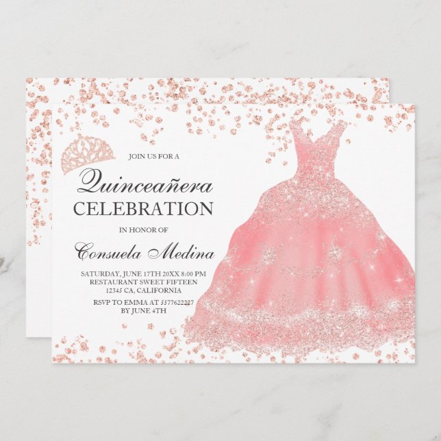 Invitación Rosa purpurina de oro vestido de tiara rubia Quinc (Anverso / Reverso)