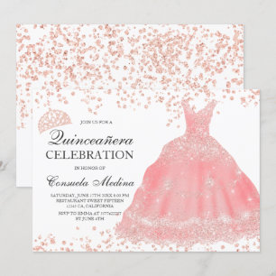 Invitación Rosa purpurina de oro vestido de tiara rubia Quinc