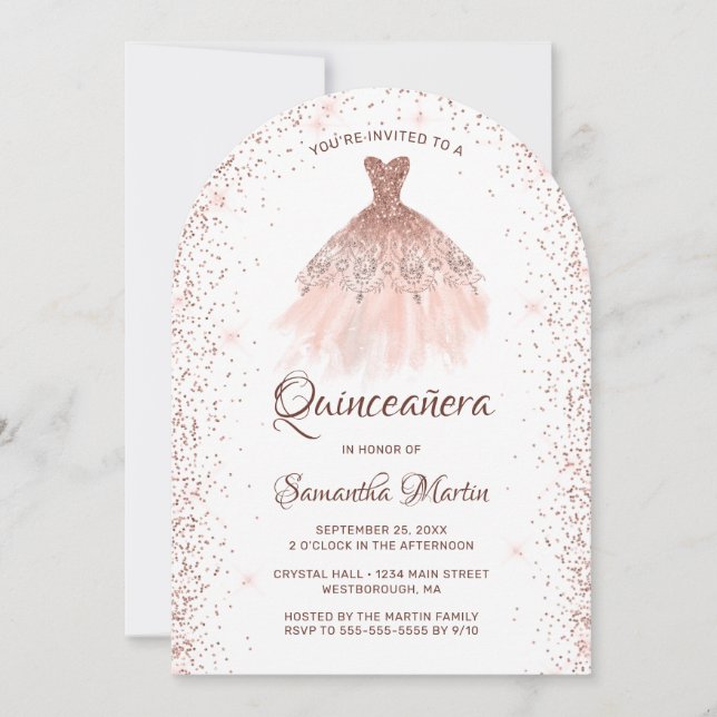 Invitación Rosa Purpurina de oro vestido Fiesta Quinceañera (Anverso)
