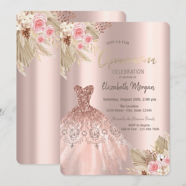 Invitación Rosa Purpurina de oro Vestido Flores Quinceañera (Anverso / Reverso)