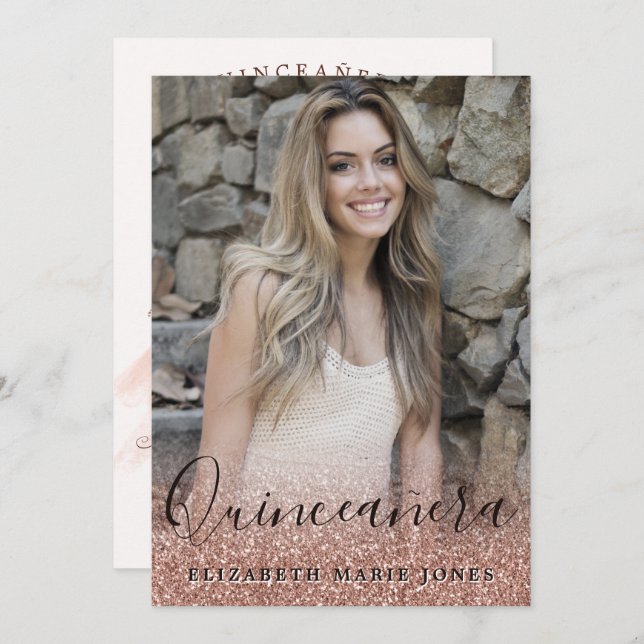 Invitación Rosa Purpurina de Oro Vestido Foto QUINCEAÑERA Cum (Anverso / Reverso)