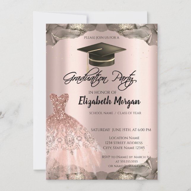 Invitación Rosa Purpurina de Oro Vestido Negro Graduación de  (Anverso)
